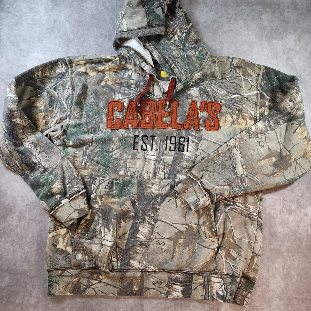 Cabela's Mens L Realtree Camo Hoodie Big Logo Spellout Hunting Y2K